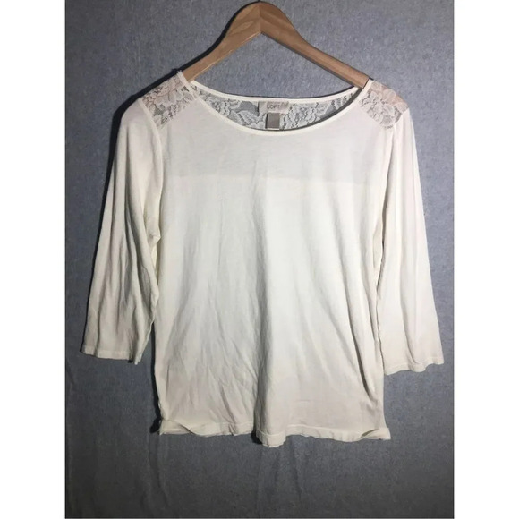 Womens Loft Blouse Lace Detailing Long Sleeve Cream Business Work Boho Career - Picture 1 of 4